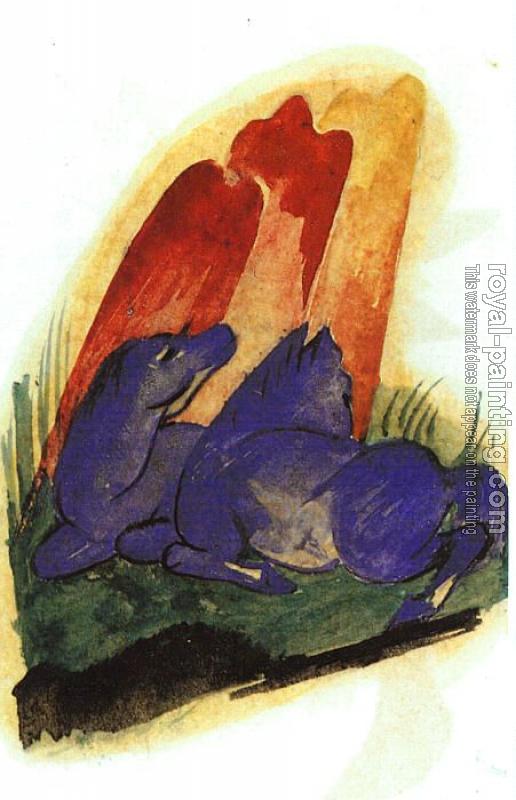 Franz Marc : Two Blue Horses in front of a Red Roc